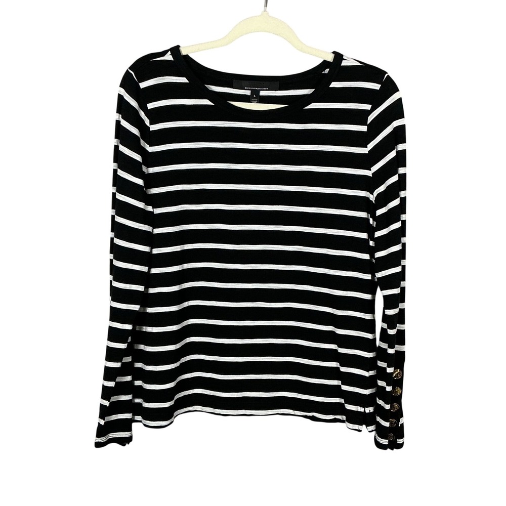White House Black Market Striped Long Sleeve Top Gold Button Cuff Black White L